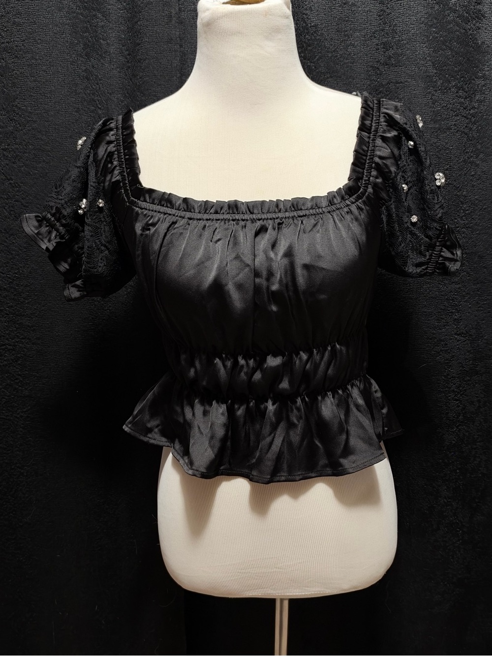 Forever 21 Black Satin Peplum Square-Neck Crop Top with Lace Puff Sleeves